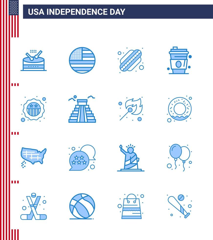Set of 16 Vector Blues on 4th July USA Independence Day such as badge american american usa drink Editable USA Day Vector Design Elements