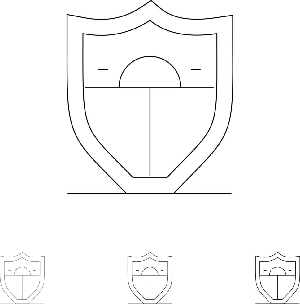 escudo seguridad motivación audaz y delgada línea negra conjunto de iconos vector