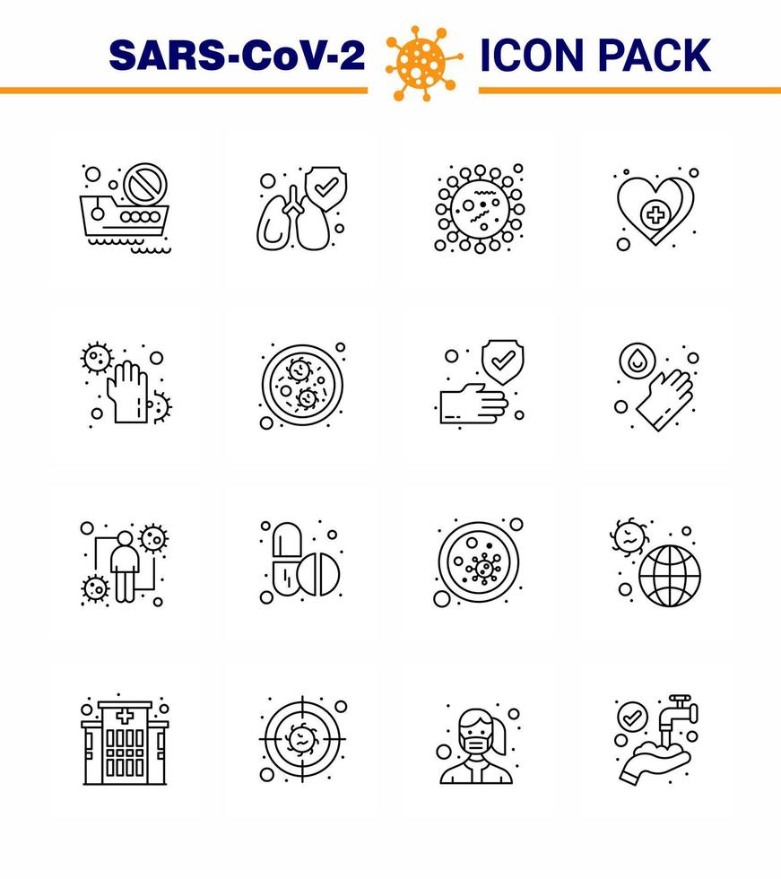 covid19 protección coronavirus pendamic conjunto de iconos de 16 líneas, como cuidado sucio coronavirus corazón médico coronavirus viral 2019nov elementos de diseño de vectores de enfermedad