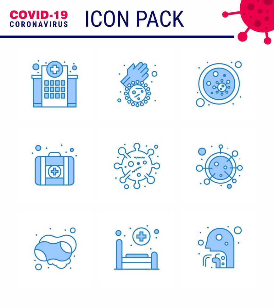 9 Blue Coronavirus Covid19 Icon pack such as bacteria medical case virus first aid microbe viral coronavirus 2019nov disease Vector Design Elements
