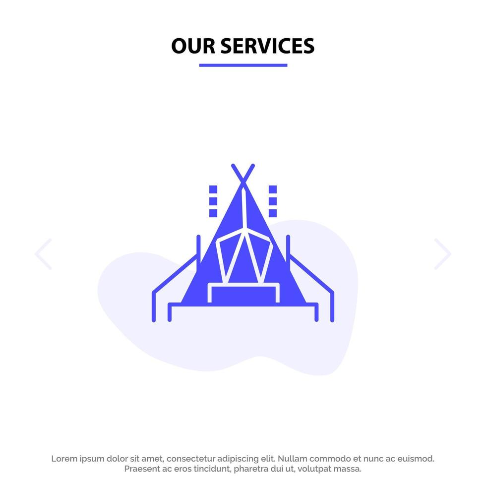 Our Services Camp Tent Camping Solid Glyph Icon Web card Template vector