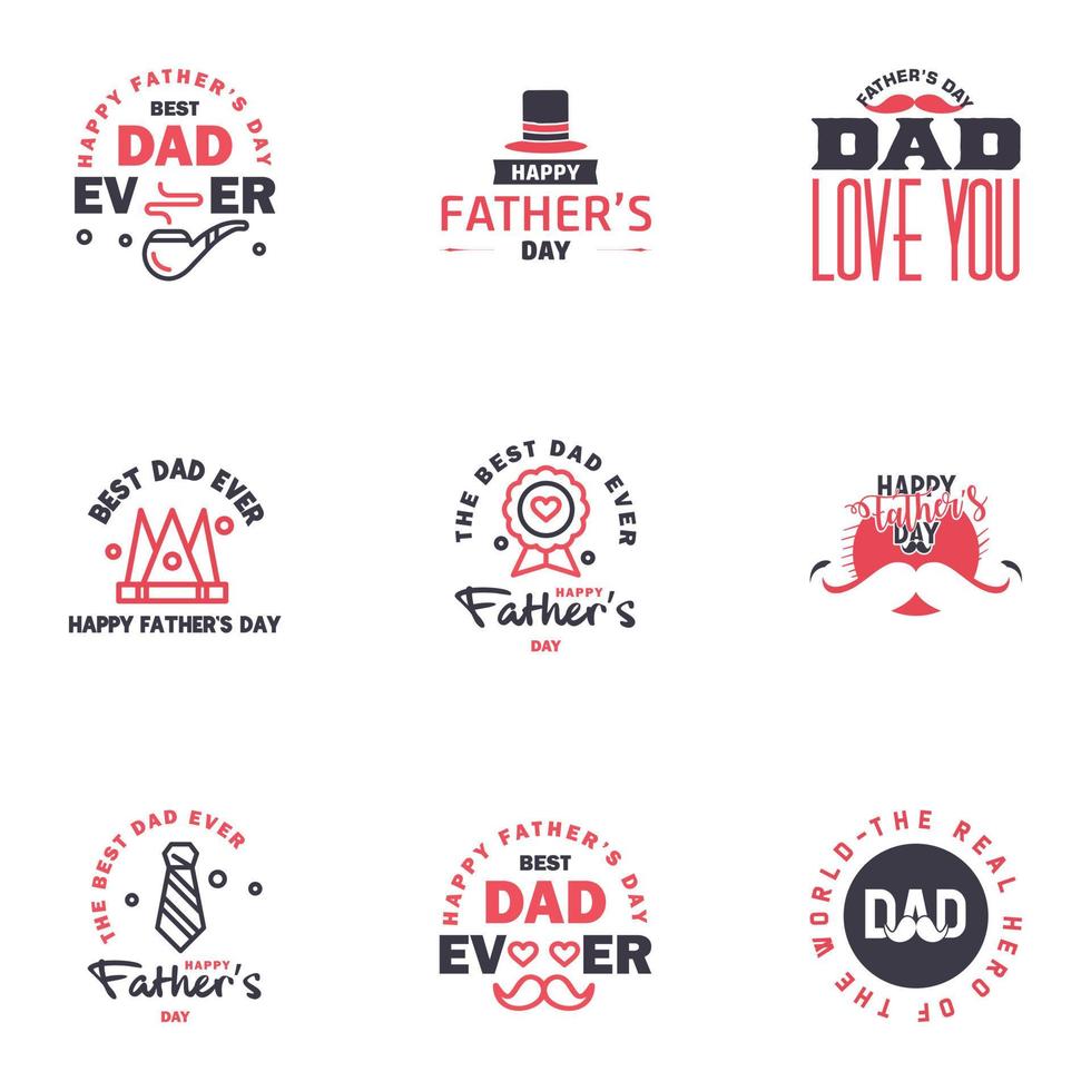 las tarjetas de felicitación del día del padre feliz establecen 9 letras tipográficas vectoriales en negro y rosa utilizables para imprimir pancartas eres el mejor diseño de texto de papá elementos de diseño vectorial editables vector