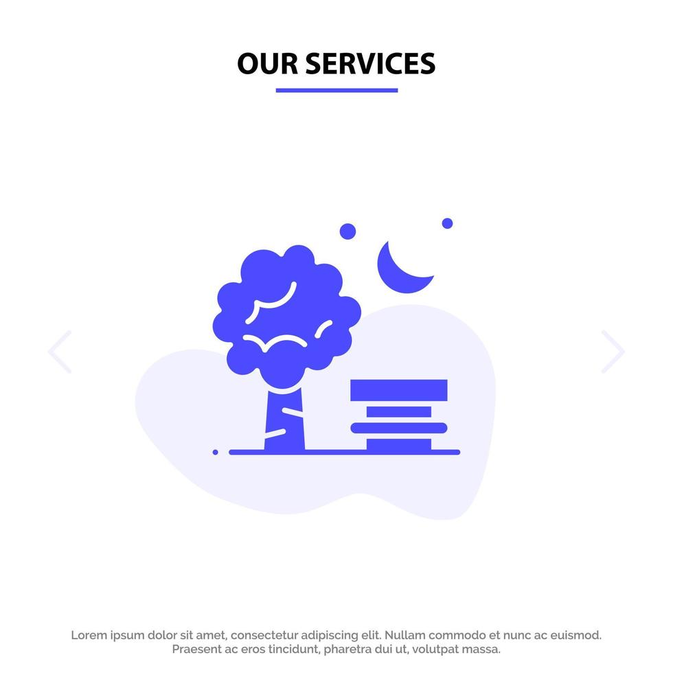 nuestros servicios silla de banco parque globo de primavera icono de glifo sólido plantilla de tarjeta web vector