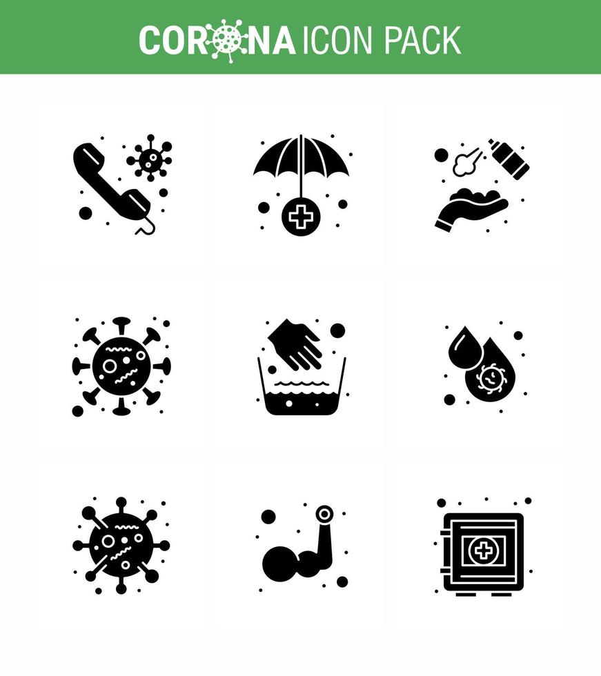 9 Solid Glyph Black Set of corona virus epidemic icons such as hands disease alcohol spread washing viral coronavirus 2019nov disease Vector Design Elements