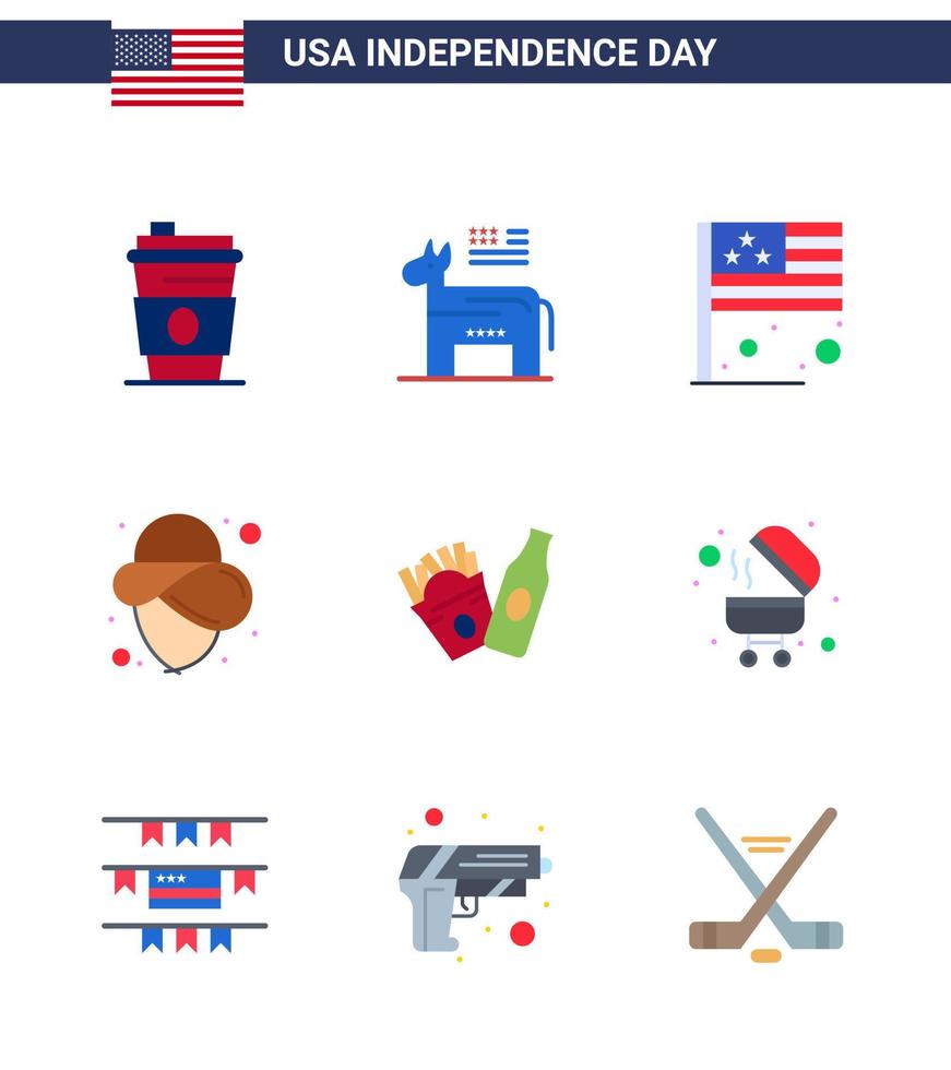 USA Independence Day Flat Set of 9 USA Pictograms of american bottle day hat usa Editable USA Day Vector Design Elements