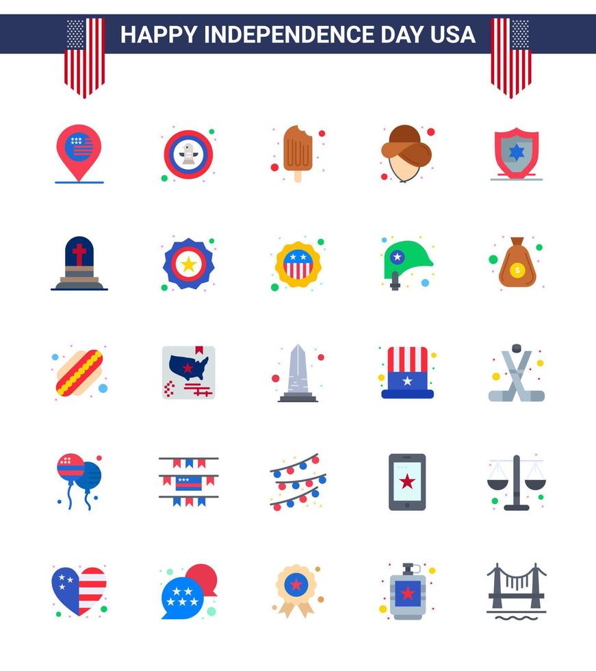 Big Pack of 25 USA Happy Independence Day USA Vector Flats and Editable Symbols of protection hat badge cowboy ice cream Editable USA Day Vector Design Elements