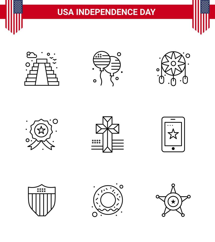 Stock Vector Icon Pack of American Day 9 Line Signs and Symbols for cross police adornment star badge Editable USA Day Vector Design Elements