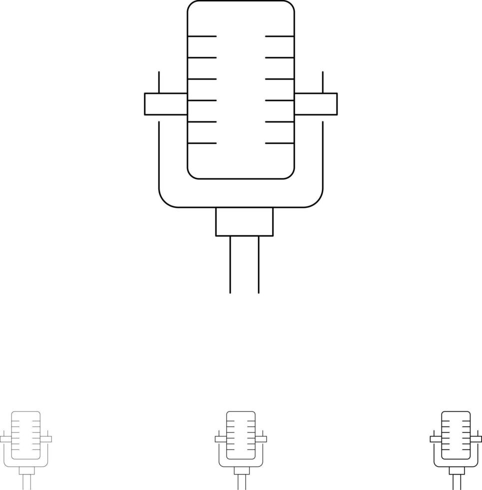 conjunto de iconos de línea negra en negrita y delgada canción de grabación multimedia de micrófono vector