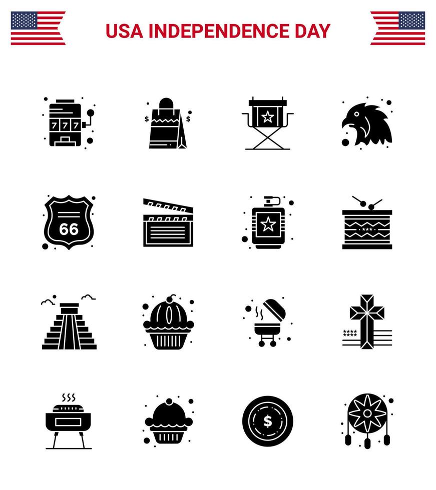 Solid Glyph Pack of 16 USA Independence Day Symbols of shield eagle chair bird television Editable USA Day Vector Design Elements