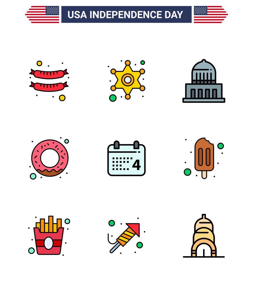 Happy Independence Day 4th July Set of 9 Flat Filled Lines American Pictograph of american day city calender food Editable USA Day Vector Design Elements