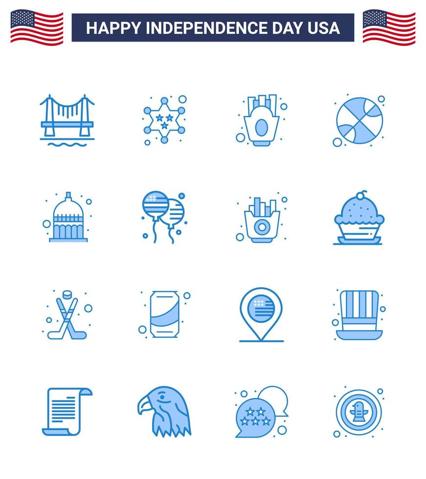 conjunto de 16 iconos del día de los ee.uu. símbolos americanos signos del día de la independencia para los chips del día de indianapolis deportes baloncesto elementos editables del diseño del vector del día de los ee.uu.