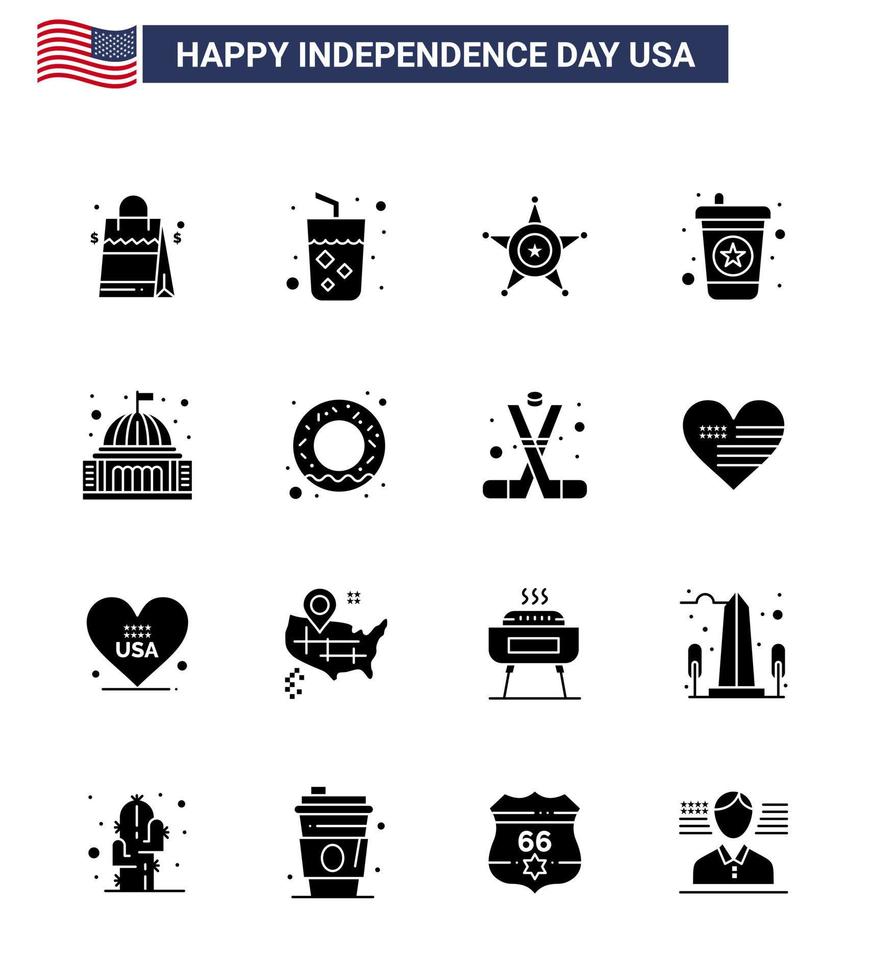 4th July USA Happy Independence Day Icon Symbols Group of 16 Modern Solid Glyphs of house place men soda beverage Editable USA Day Vector Design Elements