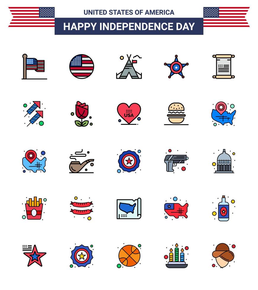 conjunto de 25 iconos del día de los ee.uu. símbolos americanos signos del día de la independencia para el fuego hombres de los ee.uu. elementos de diseño vectorial editables del día de los ee.uu. vector