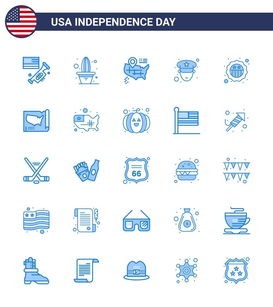 conjunto moderno de 25 azules y símbolos en el día de la independencia de estados unidos, como la ubicación de seguridad de la bandera oficial estadounidense elementos de diseño vectorial editables del día de estados unidos vector