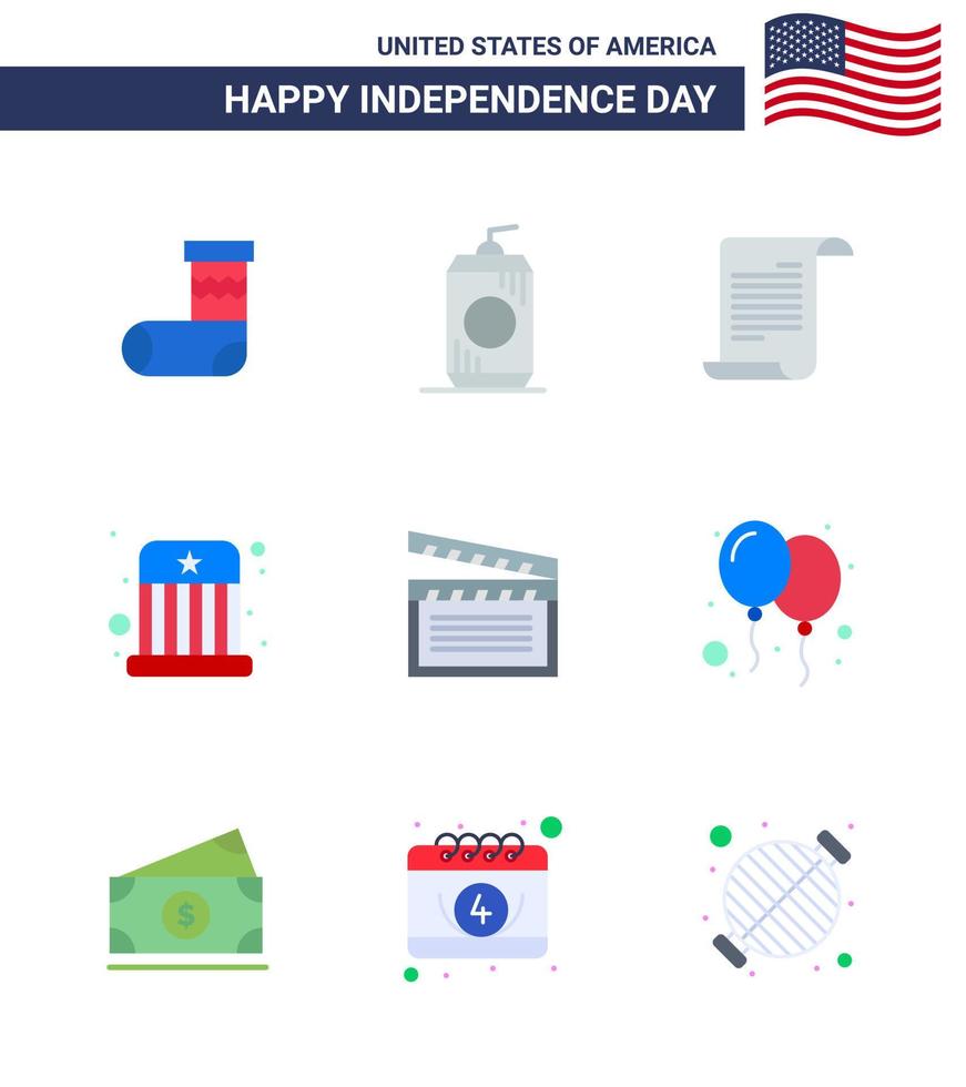 Happy Independence Day 9 Flats Icon Pack for Web and Print movis hat file kids circus Editable USA Day Vector Design Elements