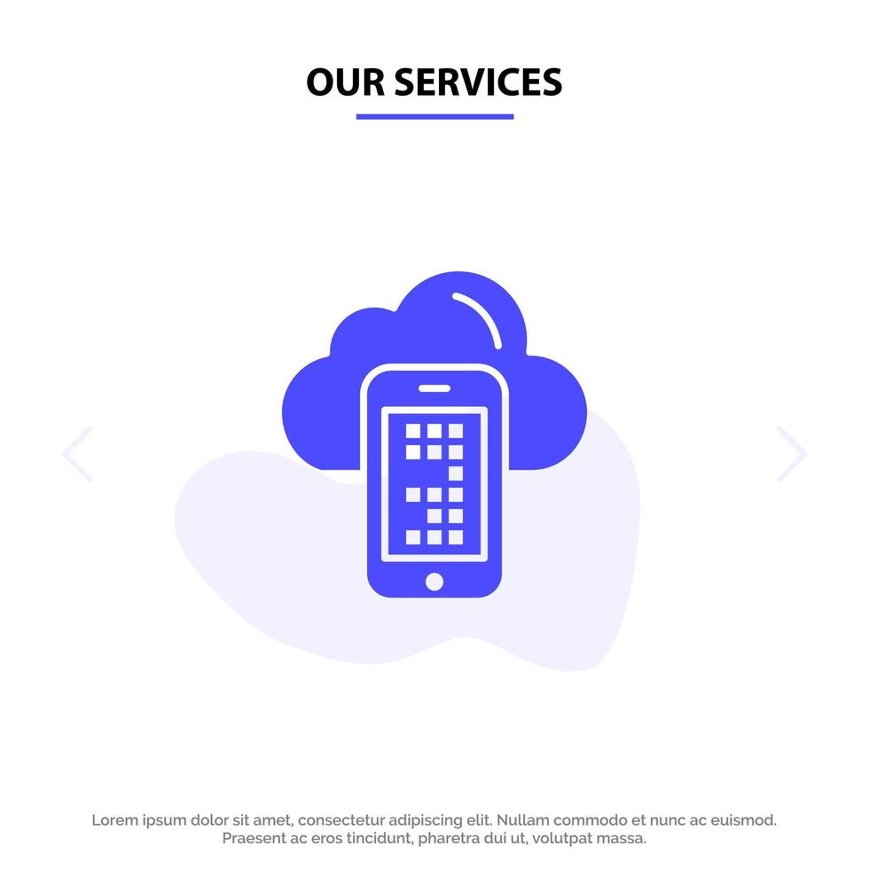 nuestros servicios computación en la nube plantilla de tarjeta web de icono de glifo sólido de celda móvil vector