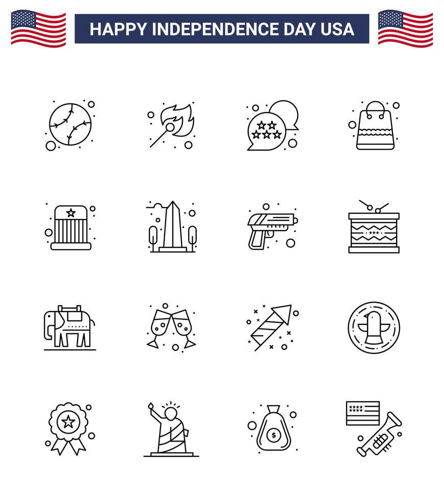 grupo de 16 líneas establecidas para el día de la independencia de los estados unidos de américa, como paquetes de banderas de tiendas de entretenimiento, bolsa editable, elementos de diseño vectorial del día de estados unidos vector