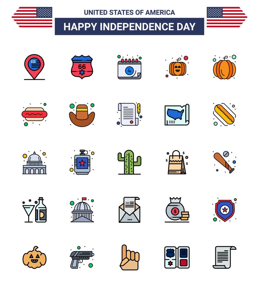 4 de julio estados unidos feliz día de la independencia icono símbolos grupo de 25 modernas líneas planas llenas de comida hot dog american usa festival american editable usa day elementos de diseño vectorial vector