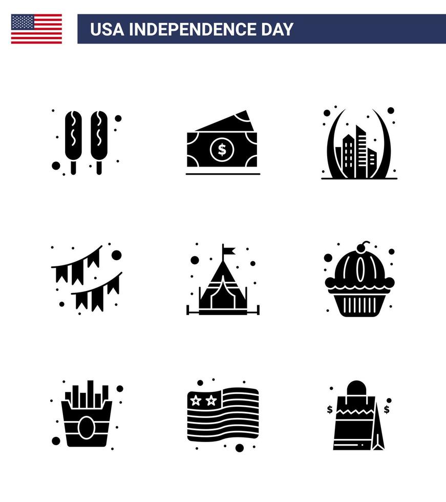 Happy Independence Day 4th July Set of 9 Solid Glyphs American Pictograph of camp party building decoration american Editable USA Day Vector Design Elements
