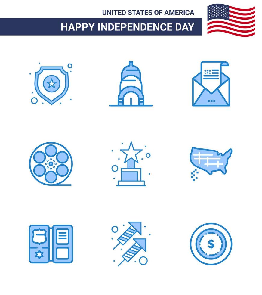 9 USA Blue Pack of Independence Day Signs and Symbols of award american envelope video movis Editable USA Day Vector Design Elements