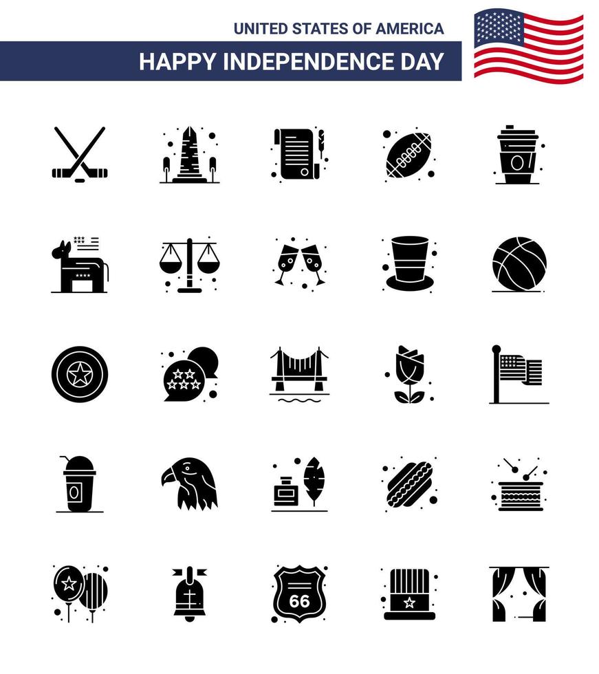 Stock Vector Icon Pack of American Day 25 Solid Glyph Signs and Symbols for drink american ball washington sports ball Editable USA Day Vector Design Elements