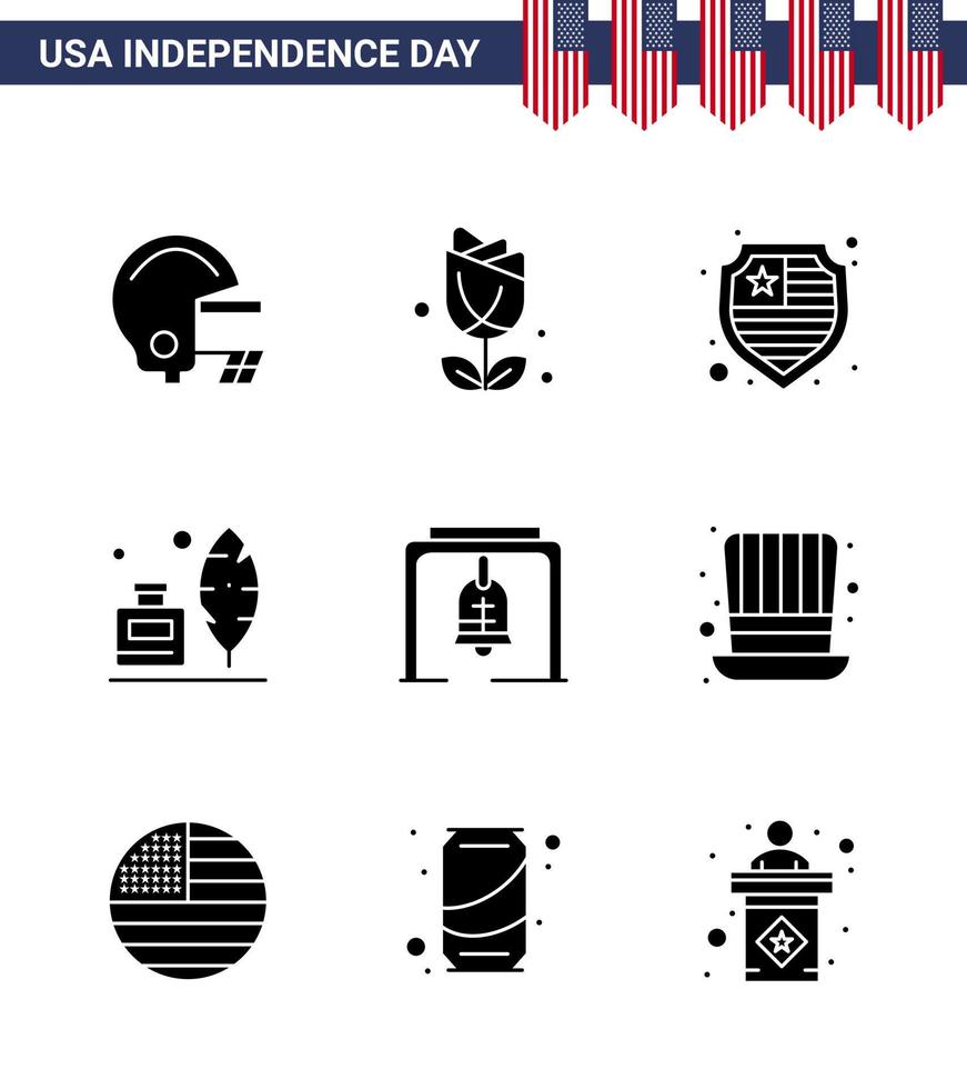 conjunto de 9 glifos sólidos vectoriales el 4 de julio, día de la independencia de estados unidos, como la campana de la iglesia, alerta de protección de campana, botella de tinta editable, elementos de diseño vectorial del día de estados unidos vector