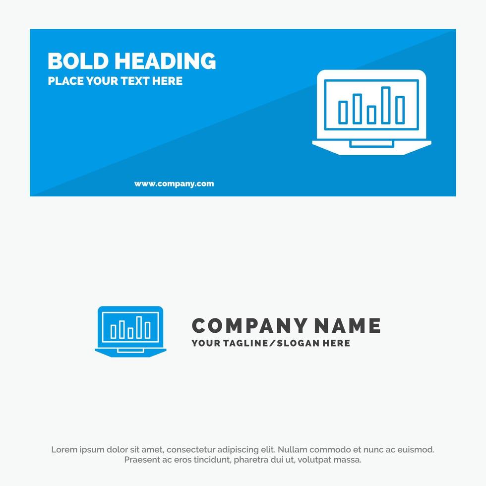 análisis de gráfico de computadora portátil estadísticas de monitoreo icono sólido banner de sitio web y plantilla de logotipo de empresa vector