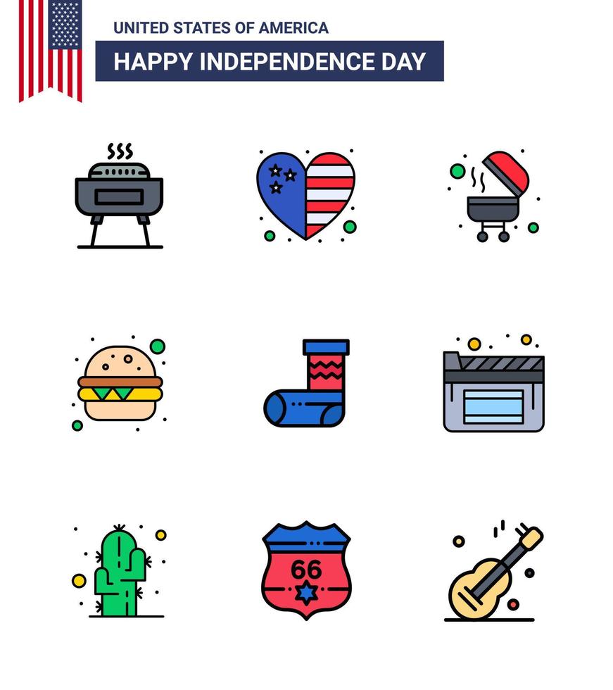 conjunto de 9 líneas planas vectoriales llenas el 4 de julio, día de la independencia de estados unidos, como regalo de navidad, celebración de barbacoa, comida rápida, elementos de diseño vectorial editables del día de estados unidos vector