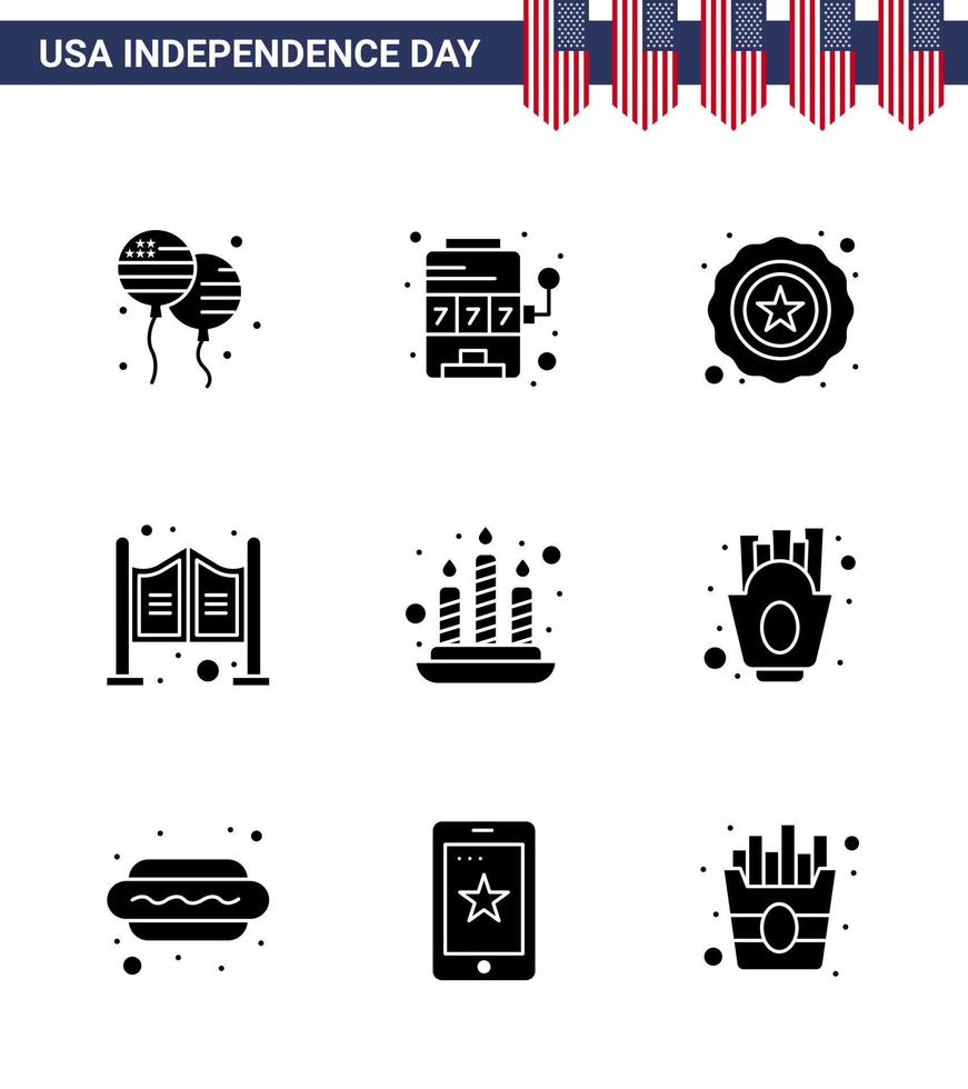 9 USA Solid Glyph Pack of Independence Day Signs and Symbols of light candle police western household Editable USA Day Vector Design Elements