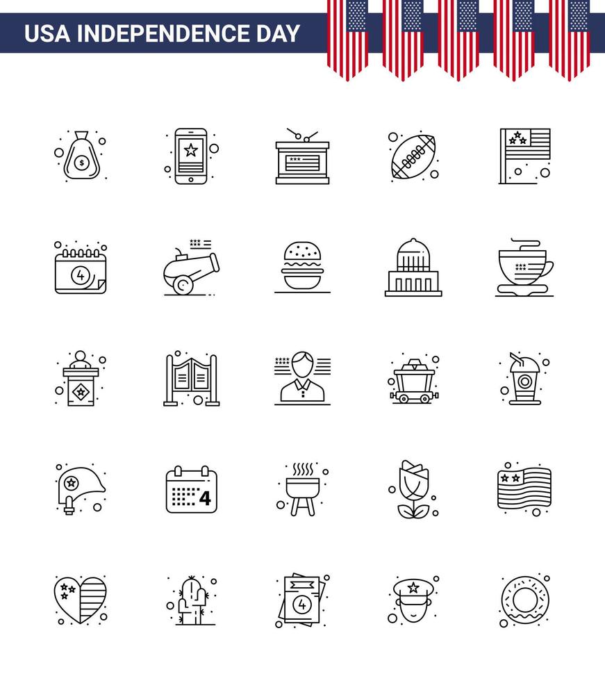 Happy Independence Day 4th July Set of 25 Lines American Pictograph of day sports phone rugby independence day Editable USA Day Vector Design Elements
