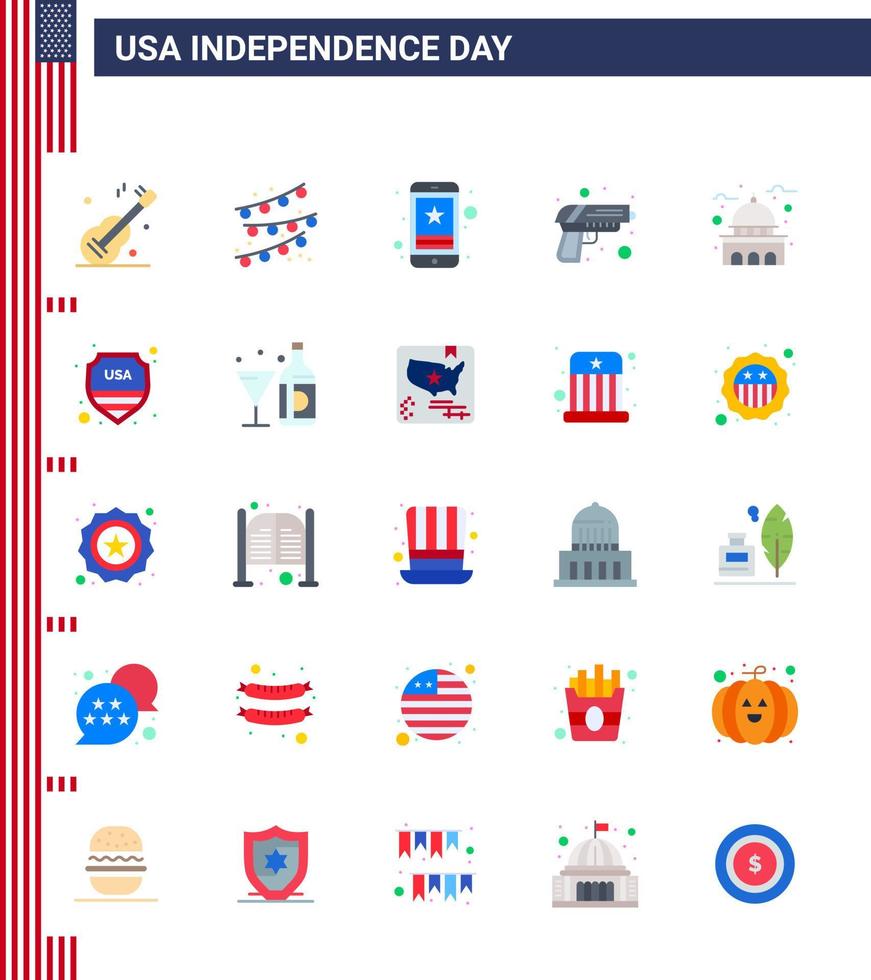 conjunto de 25 iconos del día de los ee.uu. símbolos americanos signos del día de la independencia para el arma de la casa pistola del ejército estrella elementos de diseño del vector del día de los ee.uu. editables