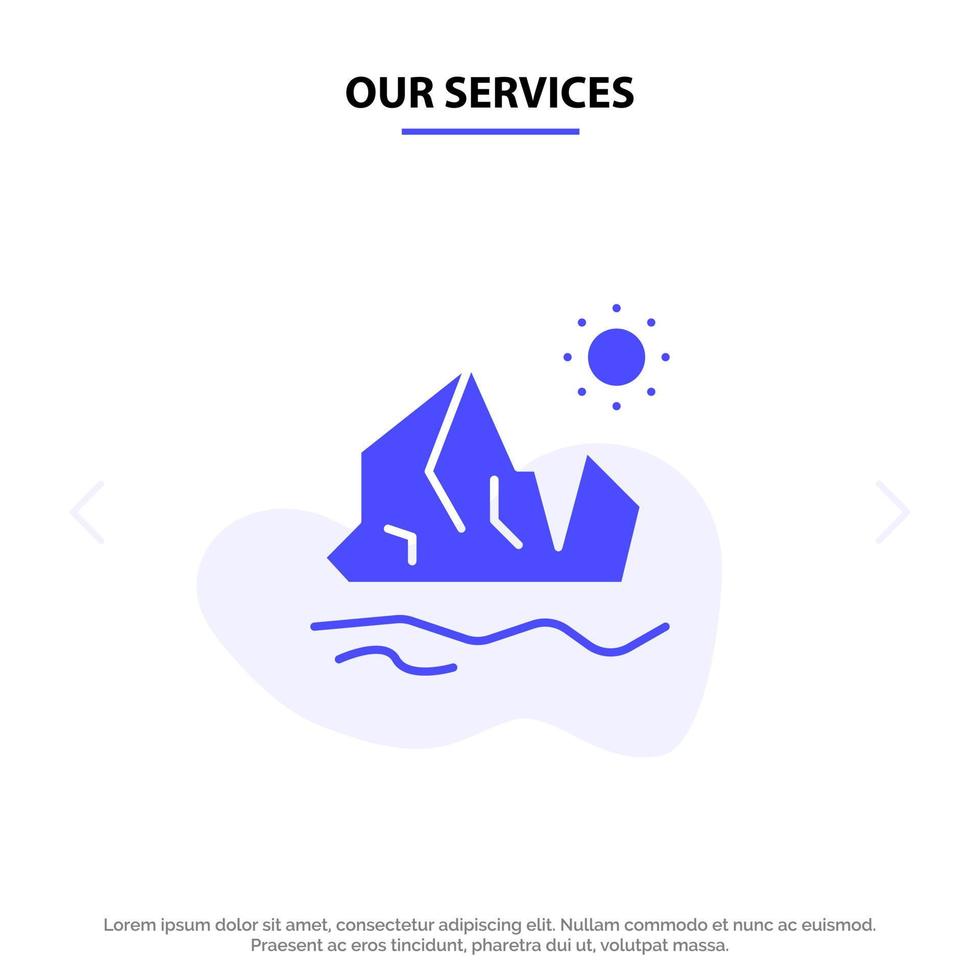 nuestros servicios ecología medio ambiente hielo iceberg derritiéndose icono de glifo sólido plantilla de tarjeta web vector