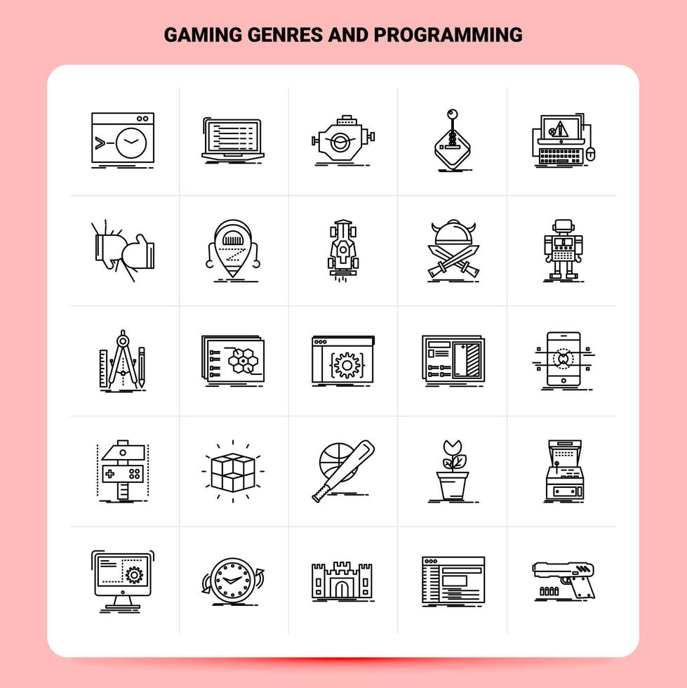 OutLine 25 Gaming Genres And Programming Icon set Vector Line Style Design Black Icons Set Linear pictogram pack Web and Mobile Business ideas design Vector Illustration