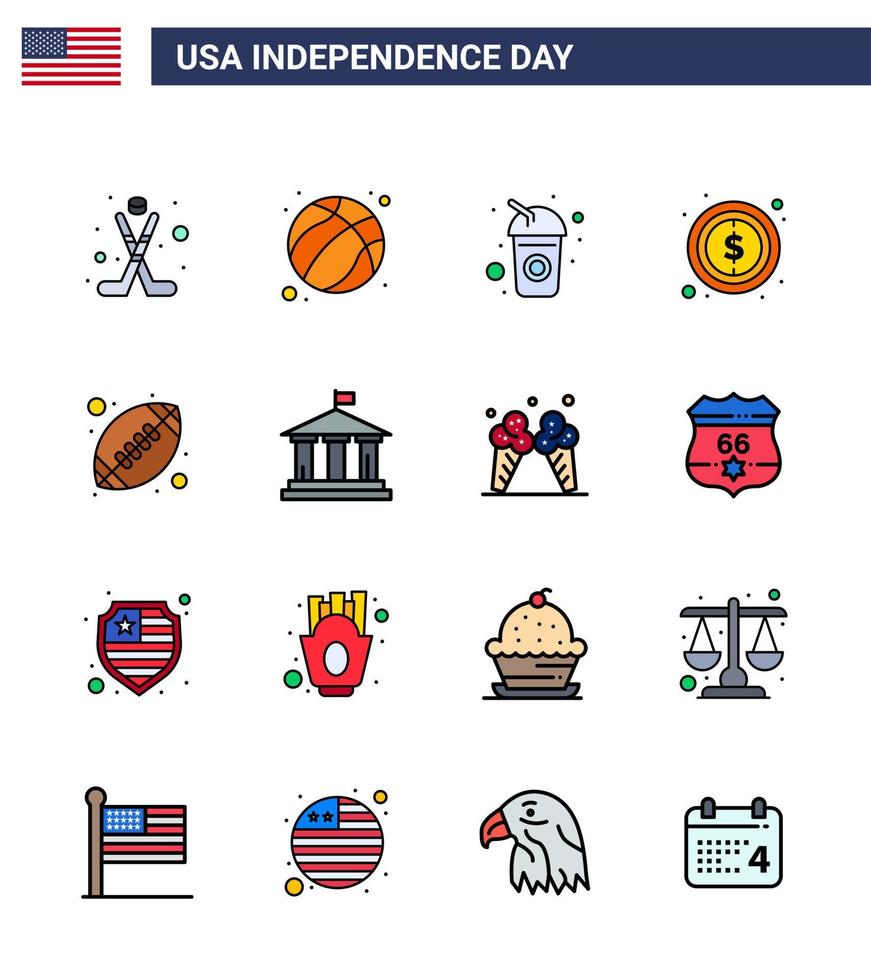 Happy Independence Day Pack of 16 Flat Filled Lines Signs and Symbols for rugby sign bottle dollar usa Editable USA Day Vector Design Elements