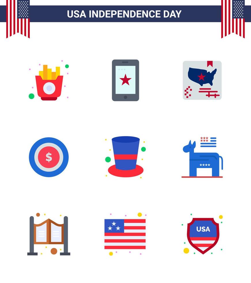 9 estados unidos signos planos celebración del día de la independencia símbolos de sombrero americano americano maony elementos de diseño vectorial del día de estados unidos editables estadounidenses vector