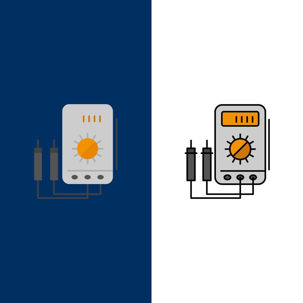 Voltmeter Ampere Watt Digital Tester  Icons Flat and Line Filled Icon Set Vector Blue Background