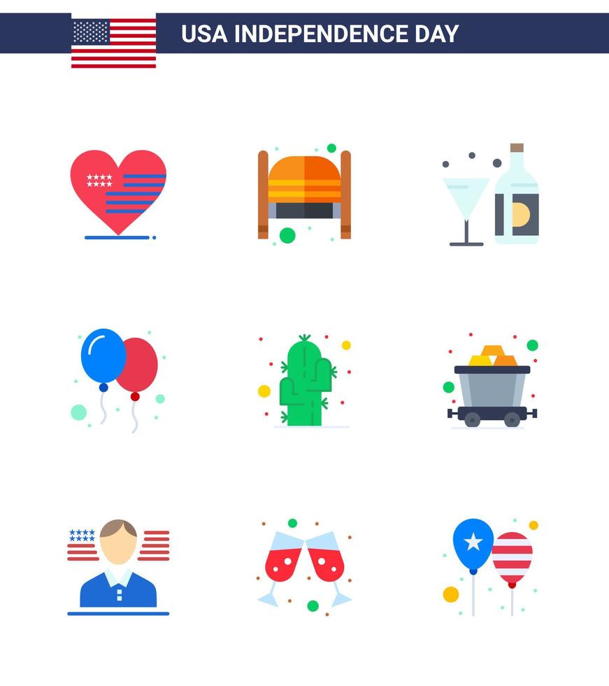 conjunto de 9 iconos del día de ee.uu. símbolos americanos signos del día de la independencia para la fiesta celebrar globos de entrada botella elementos de diseño vectorial editables del día de ee.uu. vector