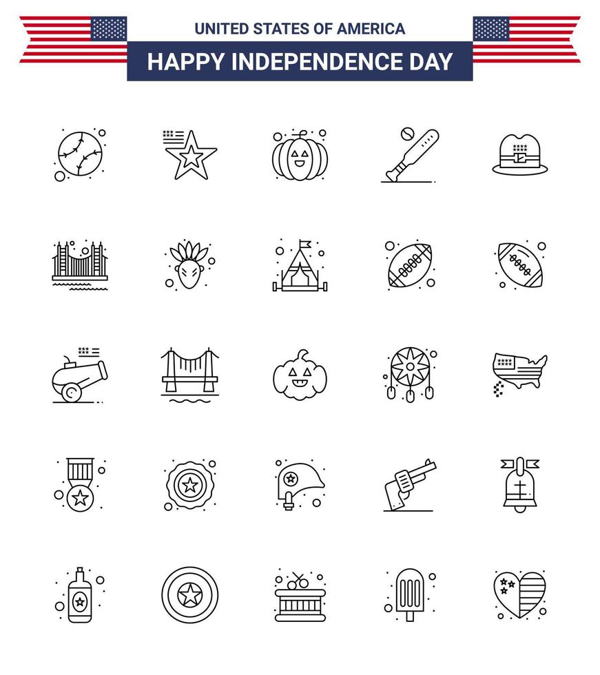 Group of 25 Lines Set for Independence day of United States of America such as cap usa food sports baseball Editable USA Day Vector Design Elements