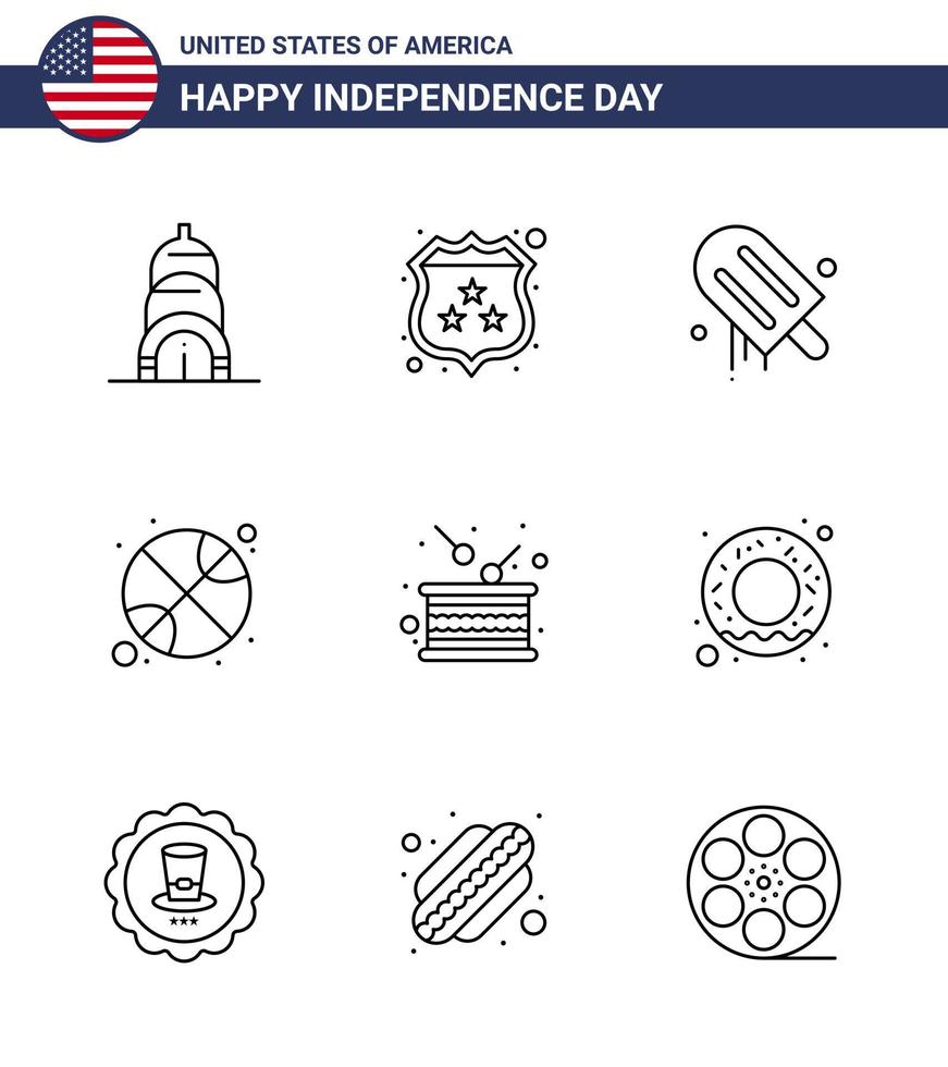 feliz día de la independencia 4 de julio conjunto de 9 líneas pictografía americana de vacaciones día crema día bola editable usa día elementos de diseño vectorial vector