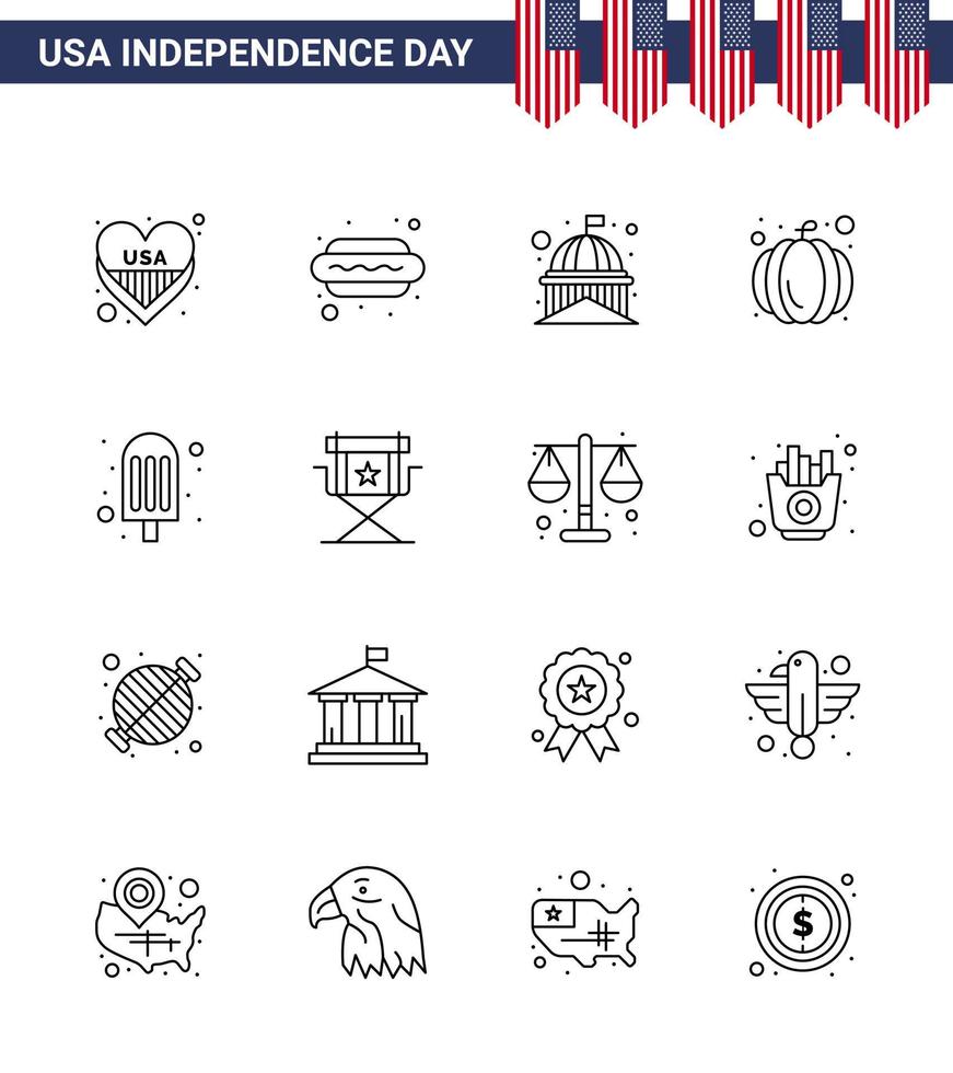 16 USA Line Pack of Independence Day Signs and Symbols of food usa festival building pumpkin white Editable USA Day Vector Design Elements