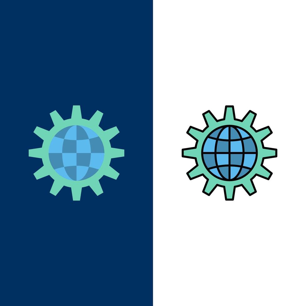 negocio global desarrollar equipo de desarrollo trabajo mundo iconos planos y llenos de línea conjunto de iconos vector fondo azul