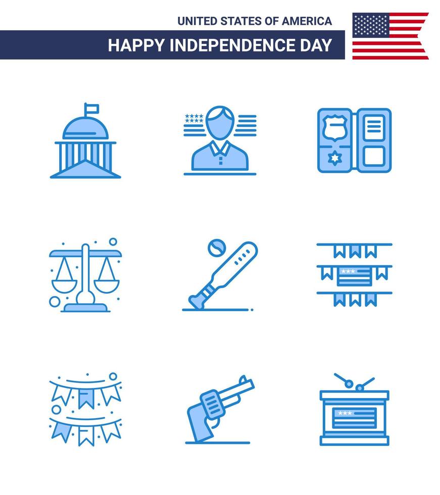 9 Blue Signs for USA Independence Day baseball scale book law court Editable USA Day Vector Design Elements