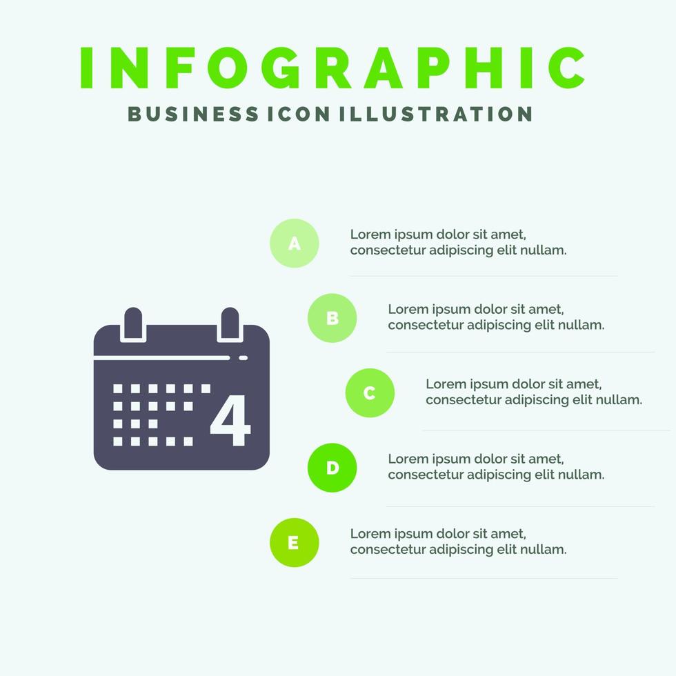 calendario día fecha americano sólido icono infografía 5 pasos presentación antecedentes vector