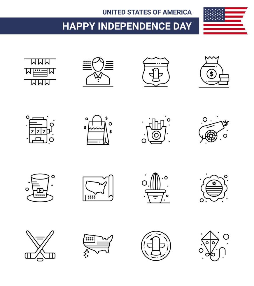 Set of 16 Vector Lines on 4th July USA Independence Day such as game machine american casino money Editable USA Day Vector Design Elements