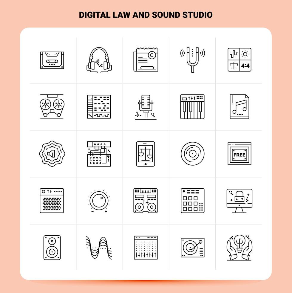 OutLine 25 Digital Law And Sound Studio Icon set Vector Line Style Design Black Icons Set Linear pictogram pack Web and Mobile Business ideas design Vector Illustration