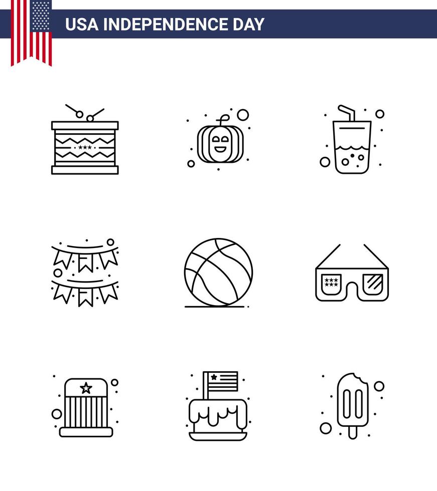 conjunto de 9 iconos del día de los ee.uu. símbolos americanos signos del día de la independencia para la decoración de vidrio de la fiesta de fútbol elementos de diseño del vector del día de los ee.uu. editables americanos