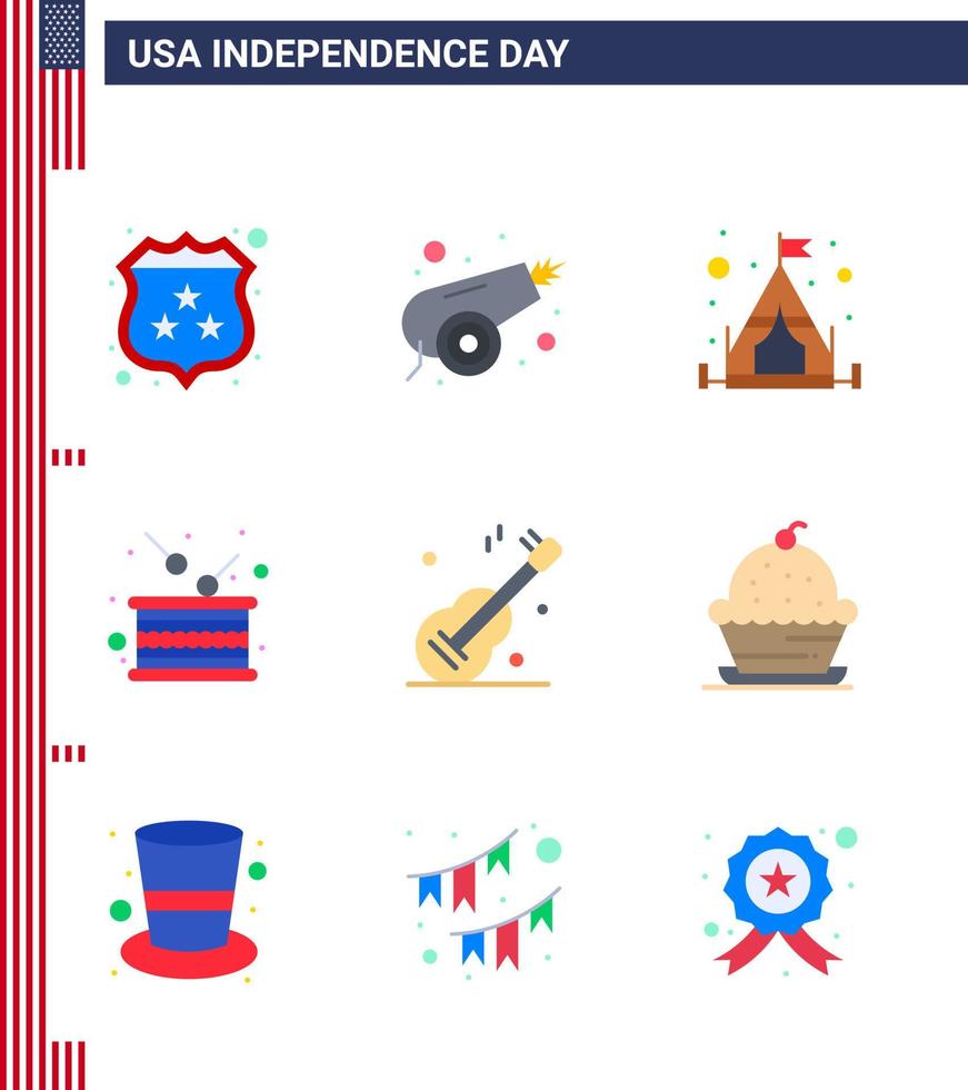 9 USA Flat Pack of Independence Day Signs and Symbols of music independence camp independence drum Editable USA Day Vector Design Elements