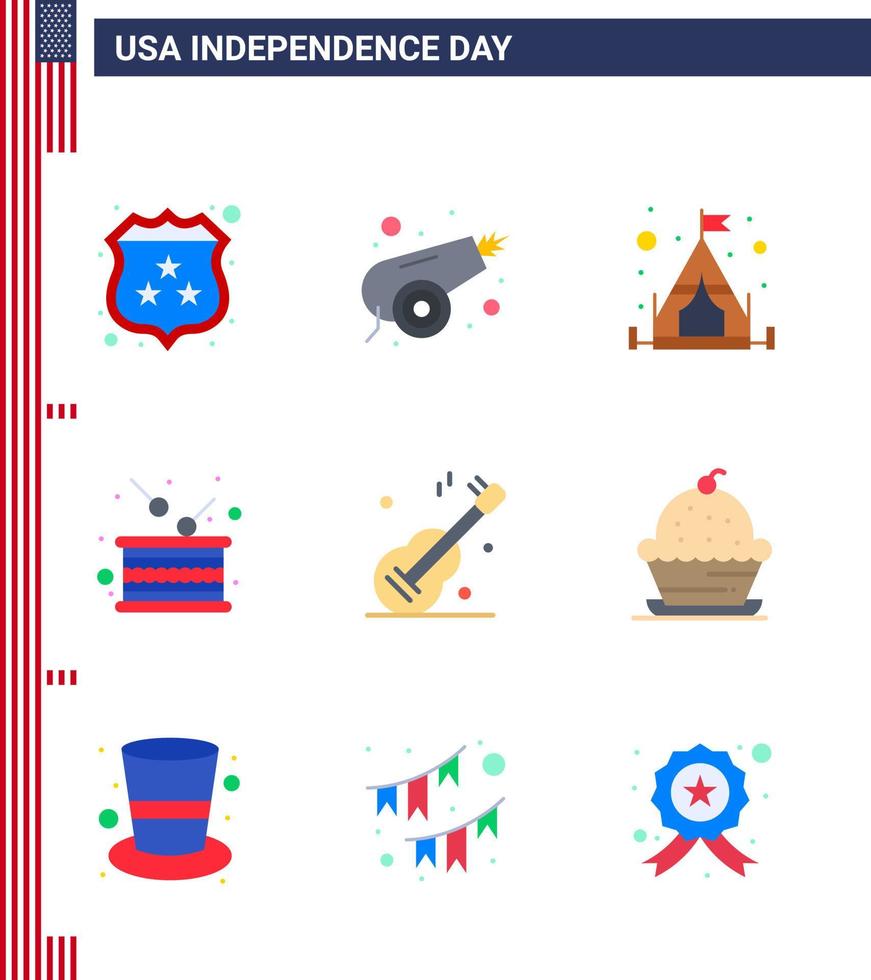 9 paquete plano de estados unidos de signos y símbolos del día de la independencia de la música campamento de independencia tambor de independencia editable elementos de diseño vectorial del día de estados unidos vector