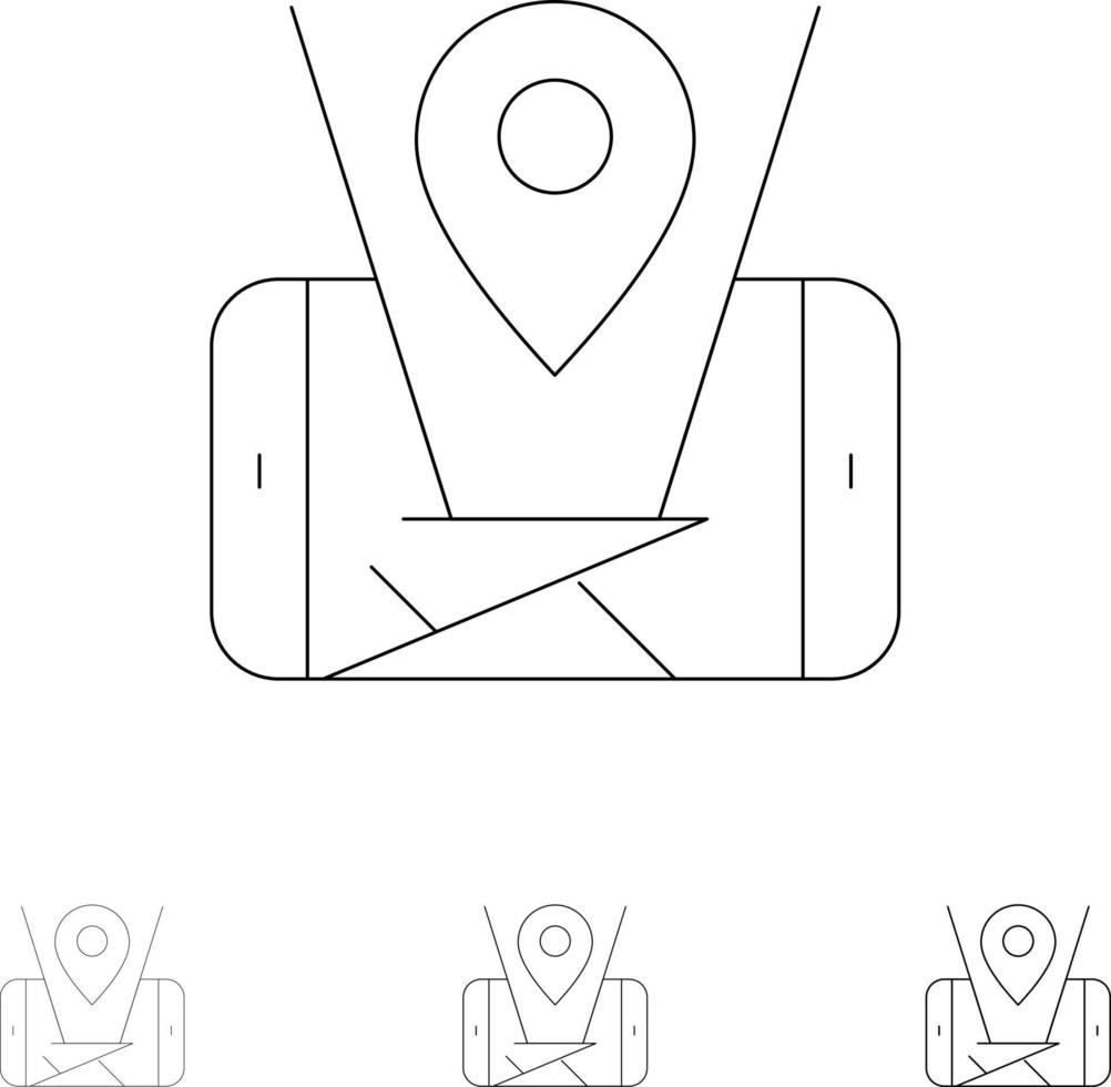 Map Mobile Location Technology Bold and thin black line icon set vector