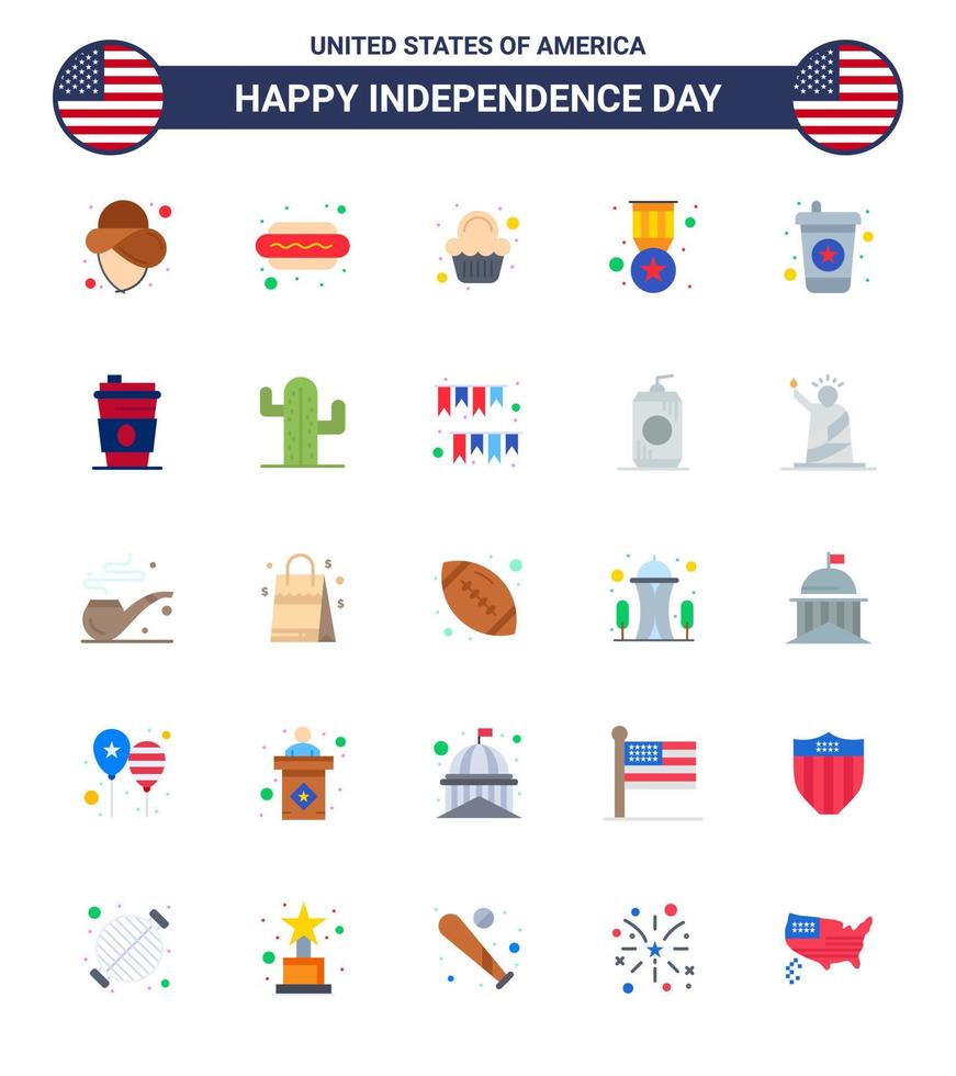 Group of 25 Flats Set for Independence day of United States of America such as soda beverage party military badge Editable USA Day Vector Design Elements